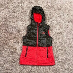 The North Face Hooded Fleece Puffer Vest Women's Size S Dark Green Coral Orange